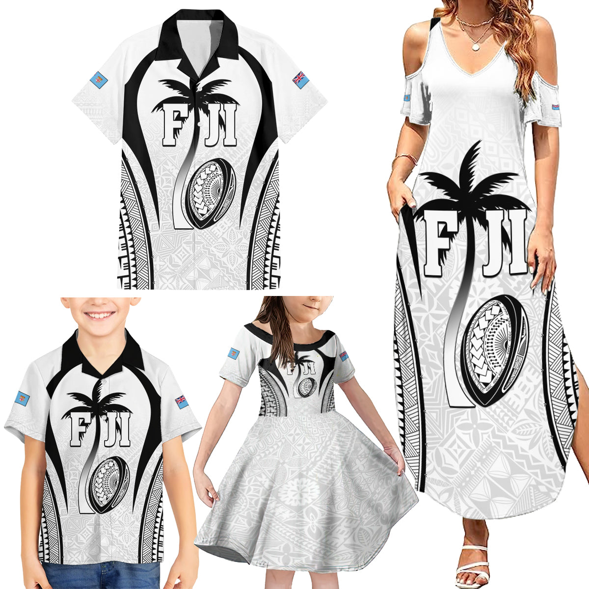 Custom Fiji Rugby Family Matching Summer Maxi Dress and Hawaiian Shirt Fijian Warrior White