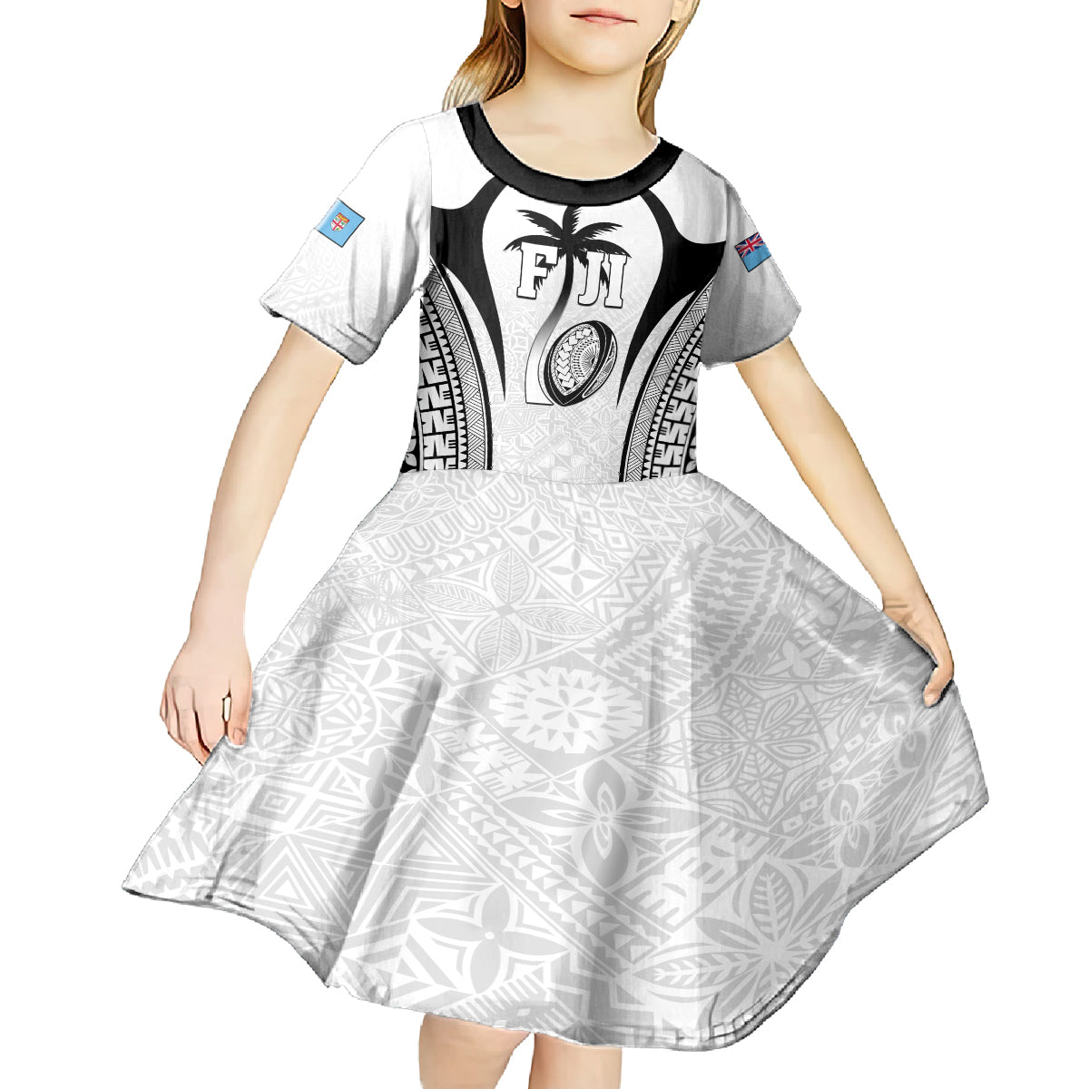 Custom Fiji Rugby Kid Short Sleeve Dress Fijian Warrior White LT05 - Polynesian Pride