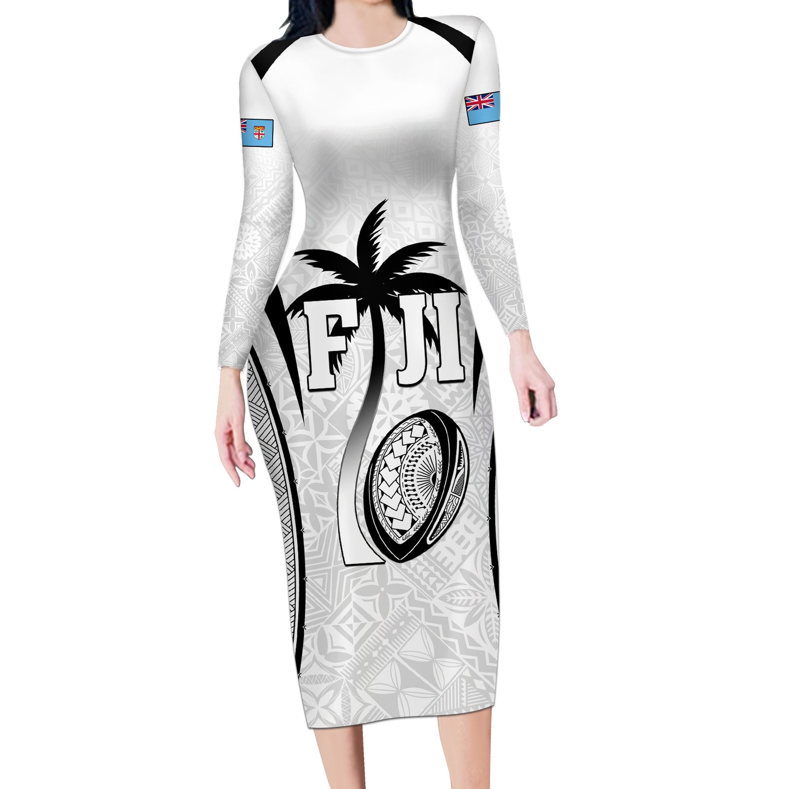 Custom Fiji Rugby Long Sleeve Bodycon Dress Fijian Warrior White LT05 Long Dress White - Polynesian Pride