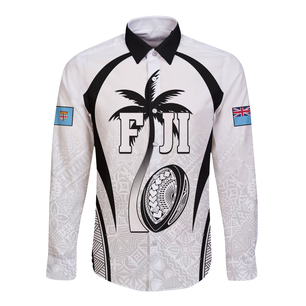 Custom Fiji Rugby Long Sleeve Button Shirt Fijian Warrior White LT05 Unisex White - Polynesian Pride