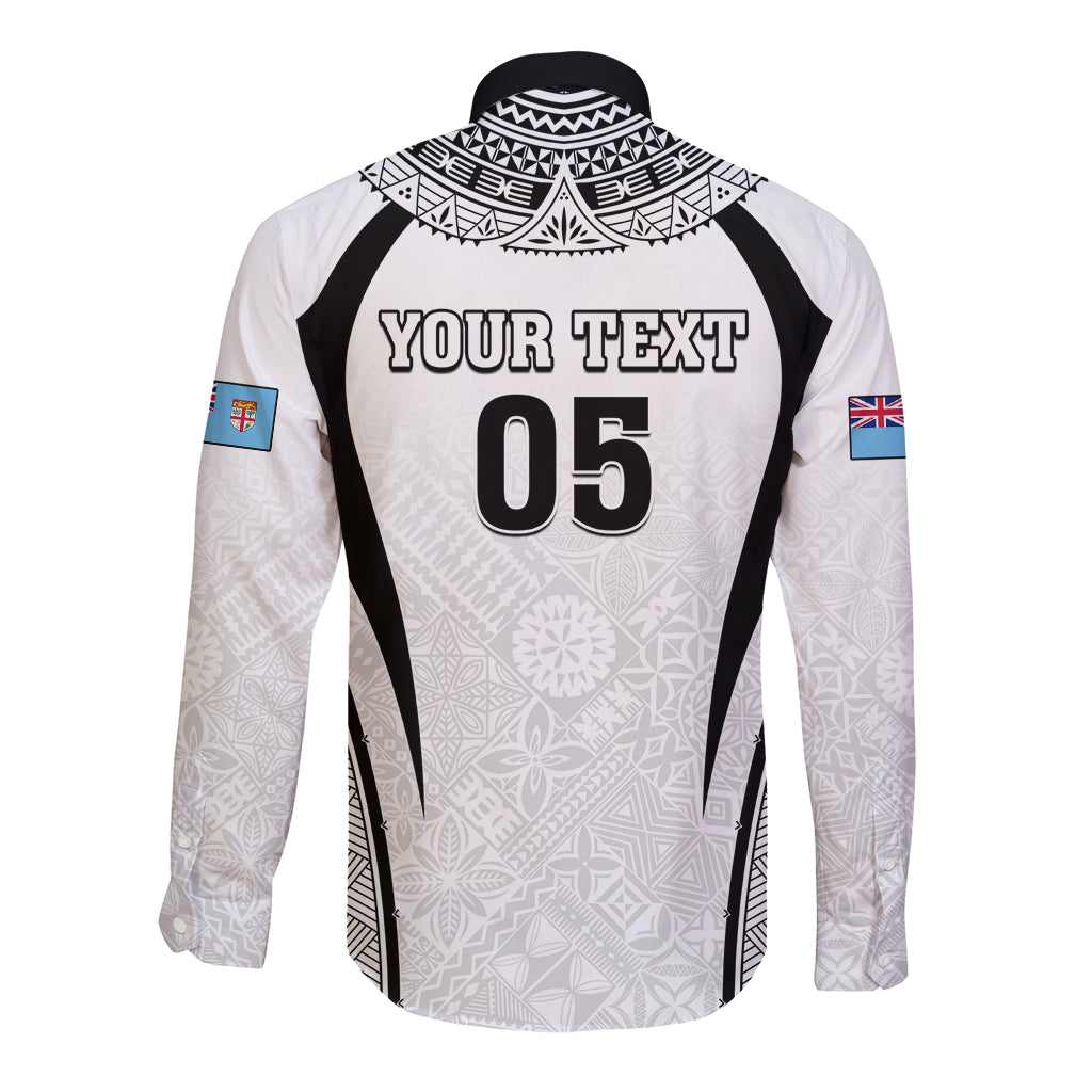 Custom Fiji Rugby Long Sleeve Button Shirt Fijian Warrior White LT05 - Polynesian Pride