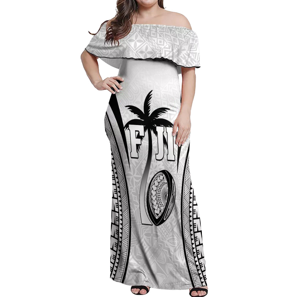 Custom Fiji Rugby Off Shoulder Maxi Dress Fijian Warrior White LT05 Women White - Polynesian Pride