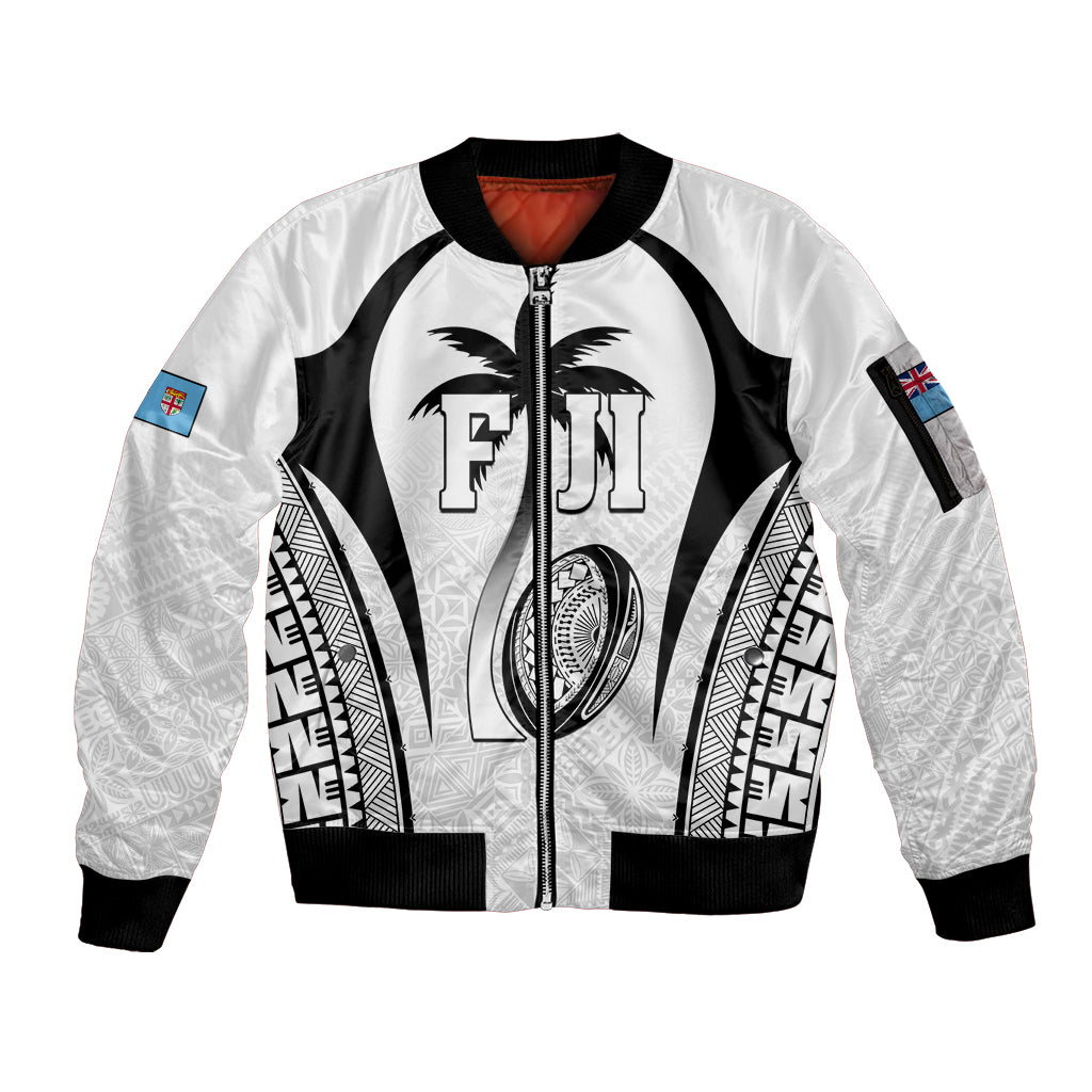 Custom Fiji Rugby Sleeve Zip Bomber Jacket Fijian Warrior White LT05 Unisex White - Polynesian Pride