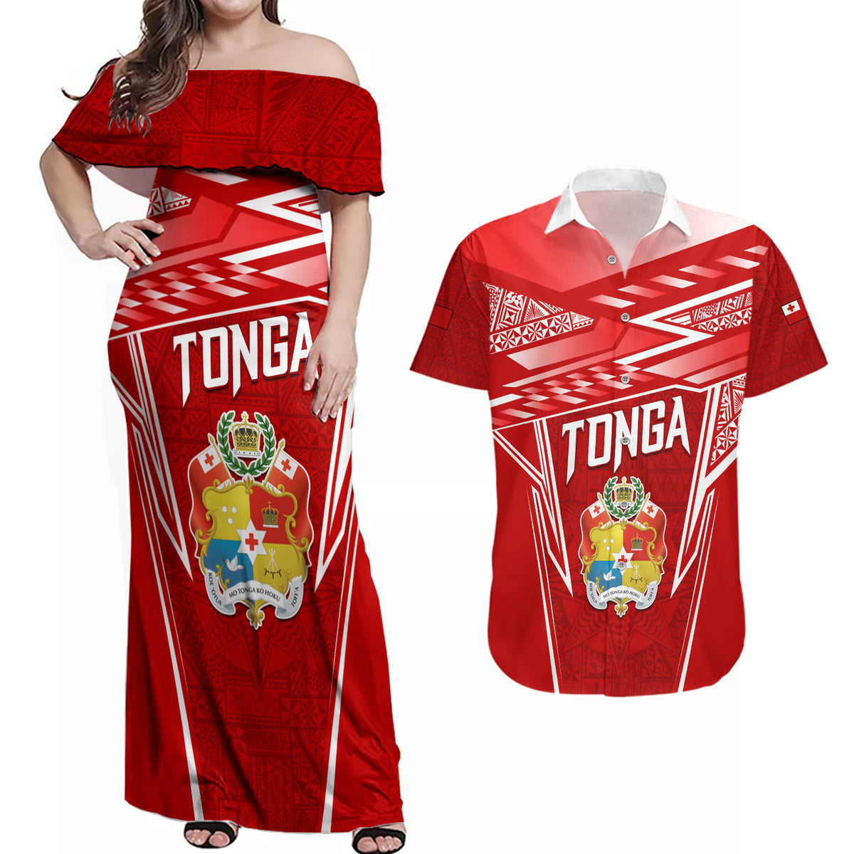 Custom Tonga Rugby Couples Matching Off Shoulder Maxi Dress and Hawaiian Shirt Kupesi Ngatu Pattern LT05 Red - Polynesian Pride
