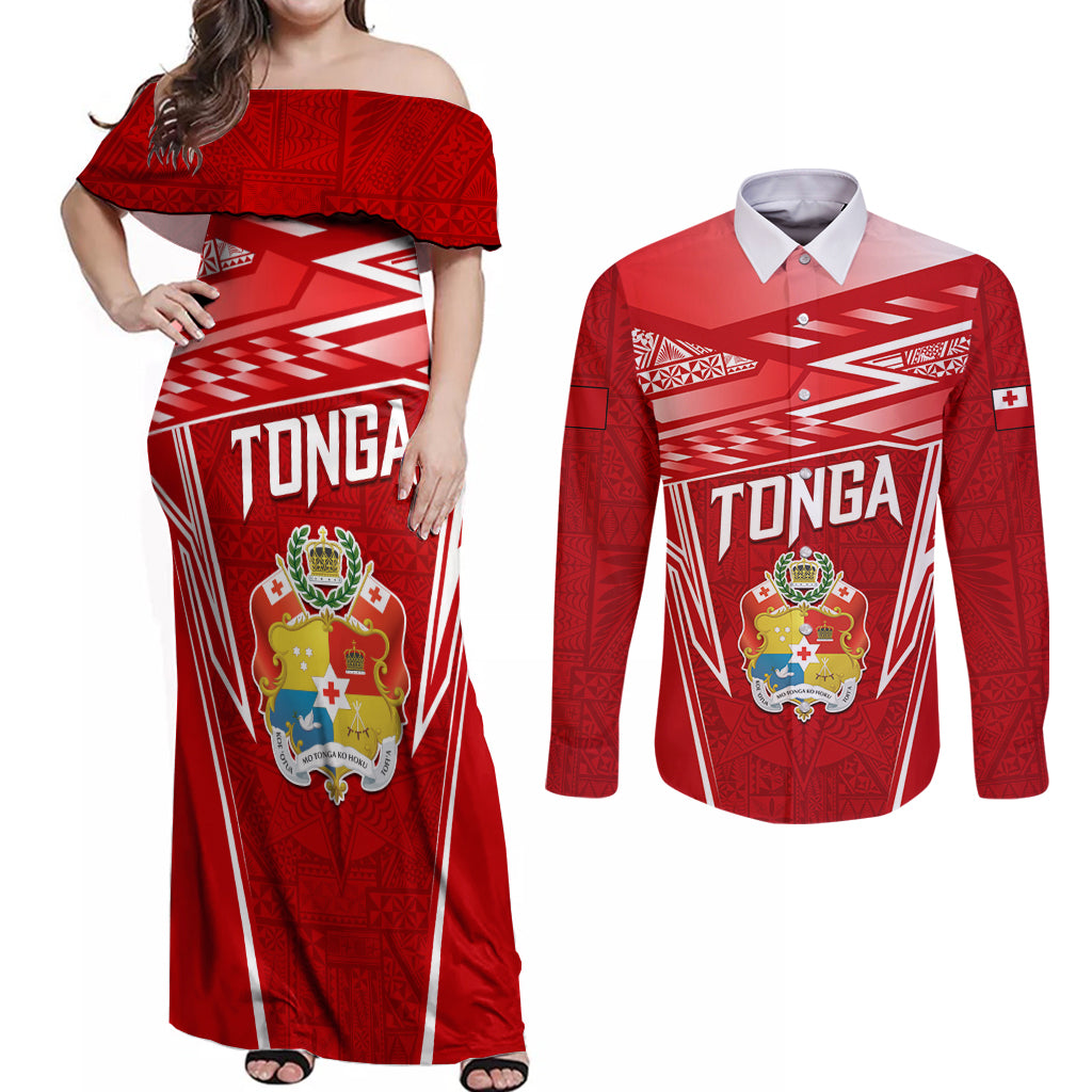 Custom Tonga Rugby Couples Matching Off Shoulder Maxi Dress and Long Sleeve Button Shirt Kupesi Ngatu Pattern LT05 Red - Polynesian Pride