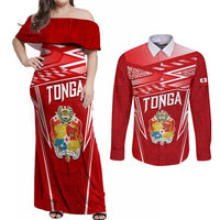 Custom Tonga Rugby Couples Matching Off Shoulder Maxi Dress and Long Sleeve Button Shirt Kupesi Ngatu Pattern LT05 Red - Polynesian Pride