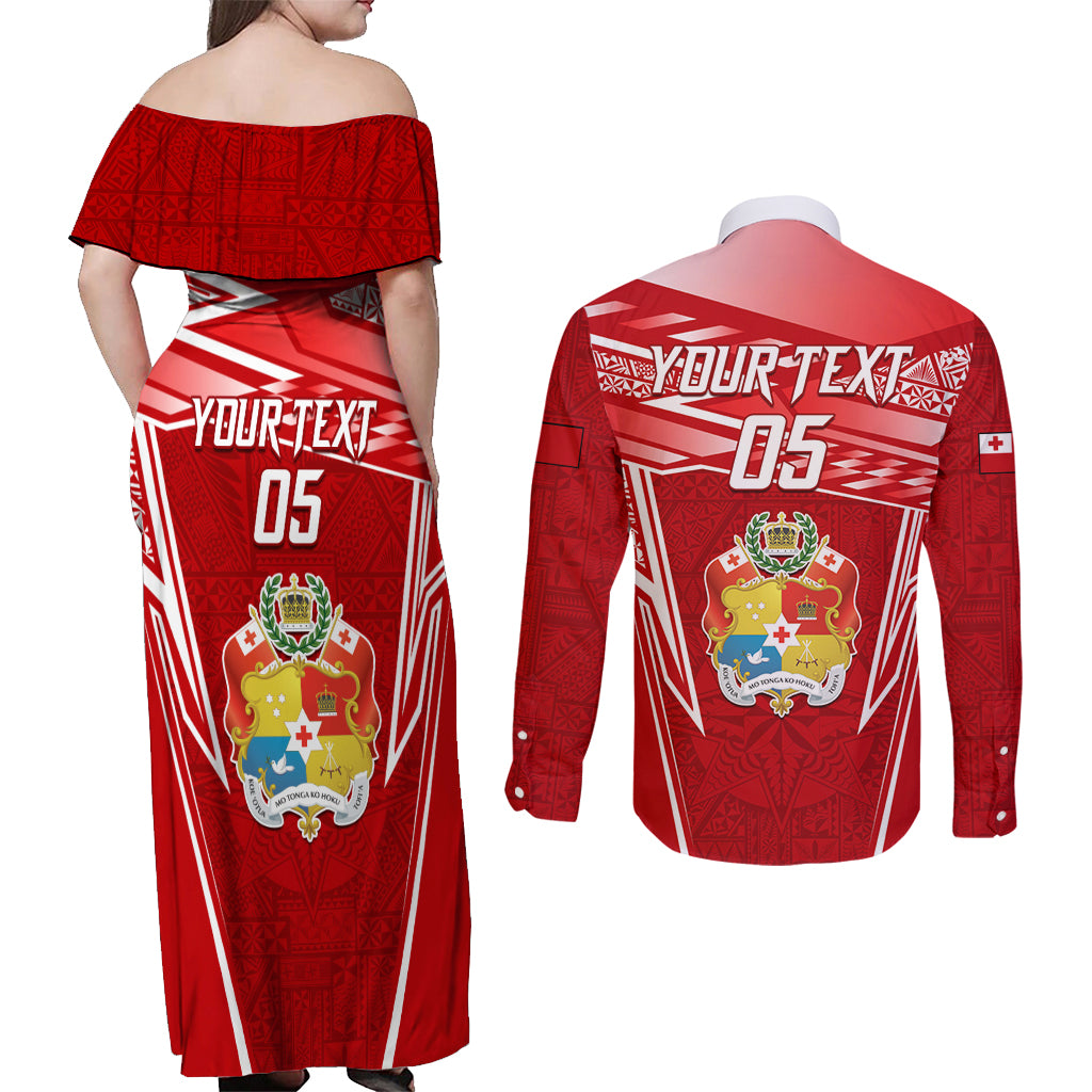 Custom Tonga Rugby Couples Matching Off Shoulder Maxi Dress and Long Sleeve Button Shirt Kupesi Ngatu Pattern LT05 - Polynesian Pride