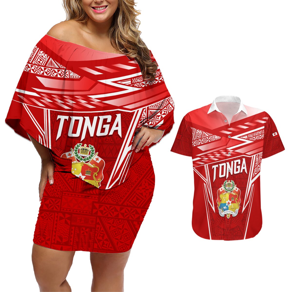 Custom Tonga Rugby Couples Matching Off Shoulder Short Dress and Hawaiian Shirt Kupesi Ngatu Pattern LT05 Red - Polynesian Pride