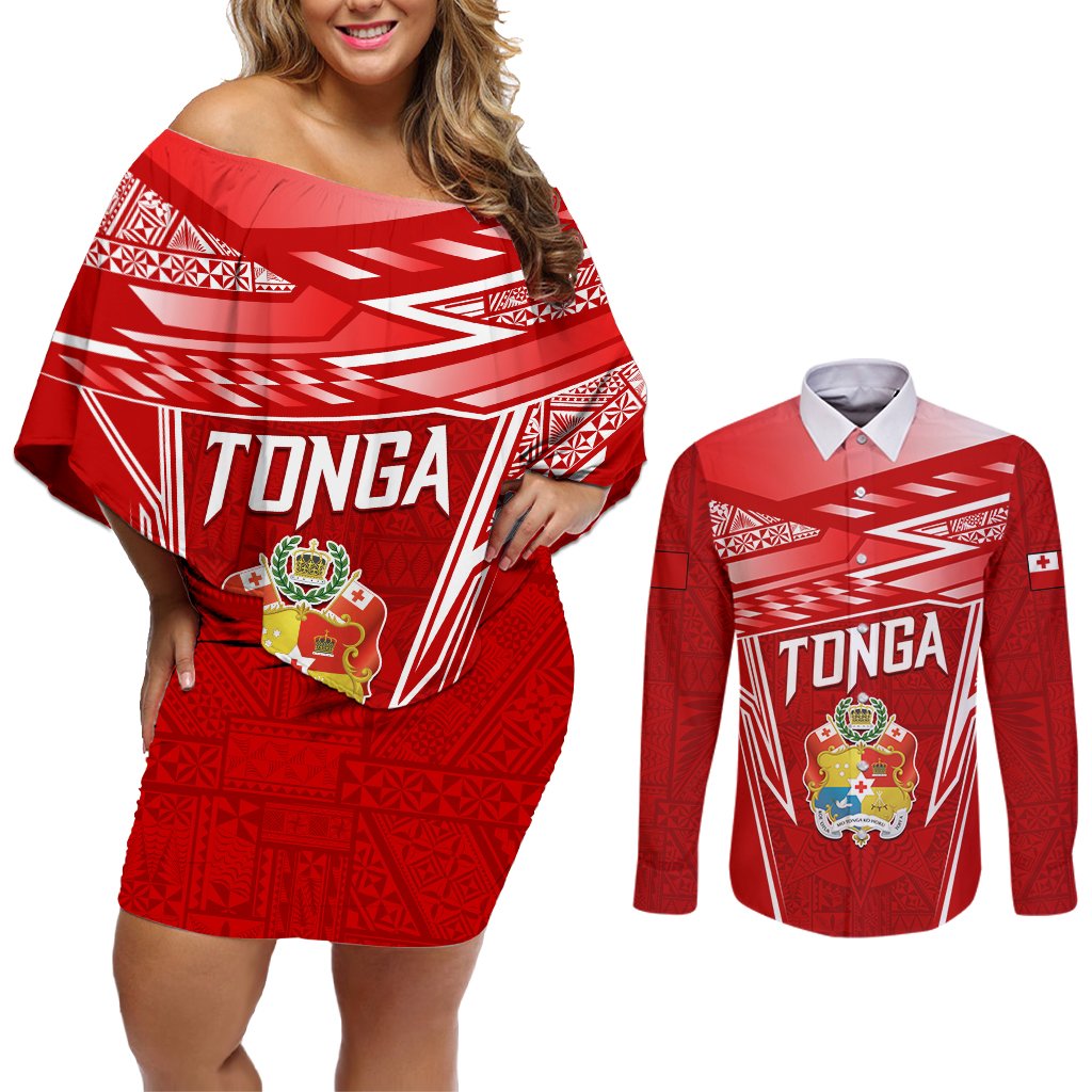 Custom Tonga Rugby Couples Matching Off Shoulder Short Dress and Long Sleeve Button Shirt Kupesi Ngatu Pattern LT05 Red - Polynesian Pride