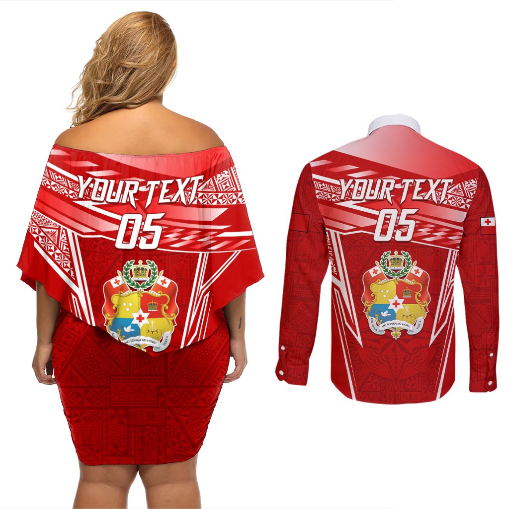 Custom Tonga Rugby Couples Matching Off Shoulder Short Dress and Long Sleeve Button Shirt Kupesi Ngatu Pattern LT05 - Polynesian Pride