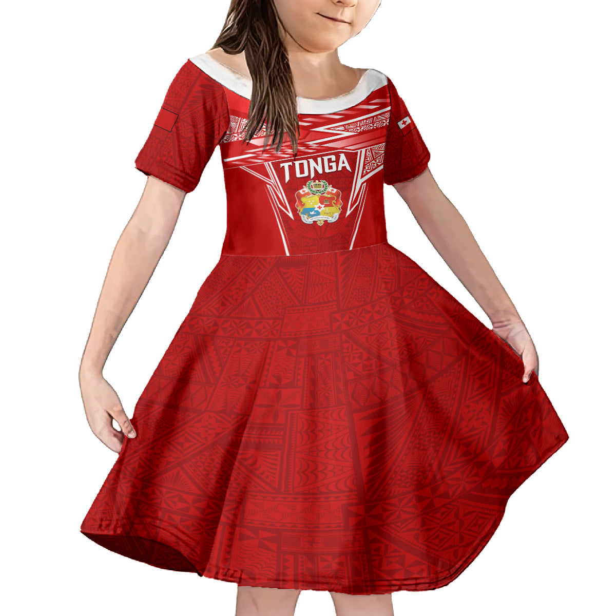 Custom Tonga Rugby Family Matching Off Shoulder Maxi Dress and Hawaiian Shirt Kupesi Ngatu Pattern LT05 Daughter's Dress Red - Polynesian Pride