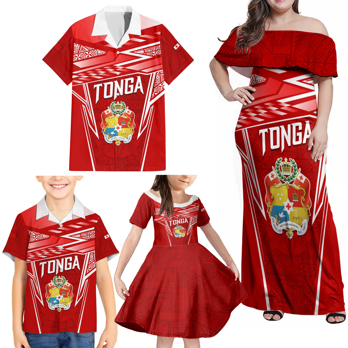 Custom Tonga Rugby Family Matching Off Shoulder Maxi Dress and Hawaiian Shirt Kupesi Ngatu Pattern LT05 - Polynesian Pride