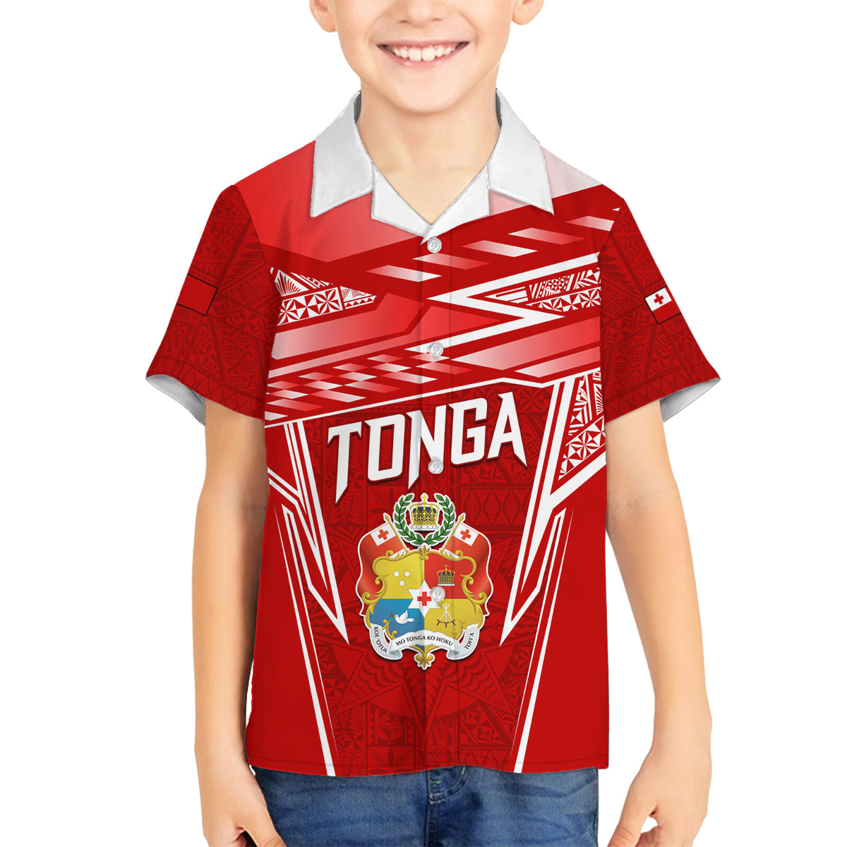 Custom Tonga Rugby Family Matching Off Shoulder Maxi Dress and Hawaiian Shirt Kupesi Ngatu Pattern LT05 Son's Shirt Red - Polynesian Pride