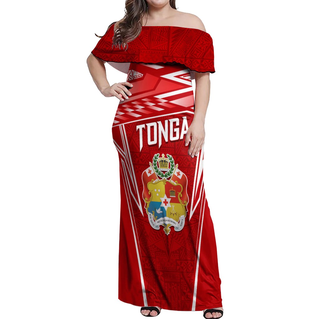Custom Tonga Rugby Off Shoulder Maxi Dress Kupesi Ngatu Pattern LT05 Women Red - Polynesian Pride