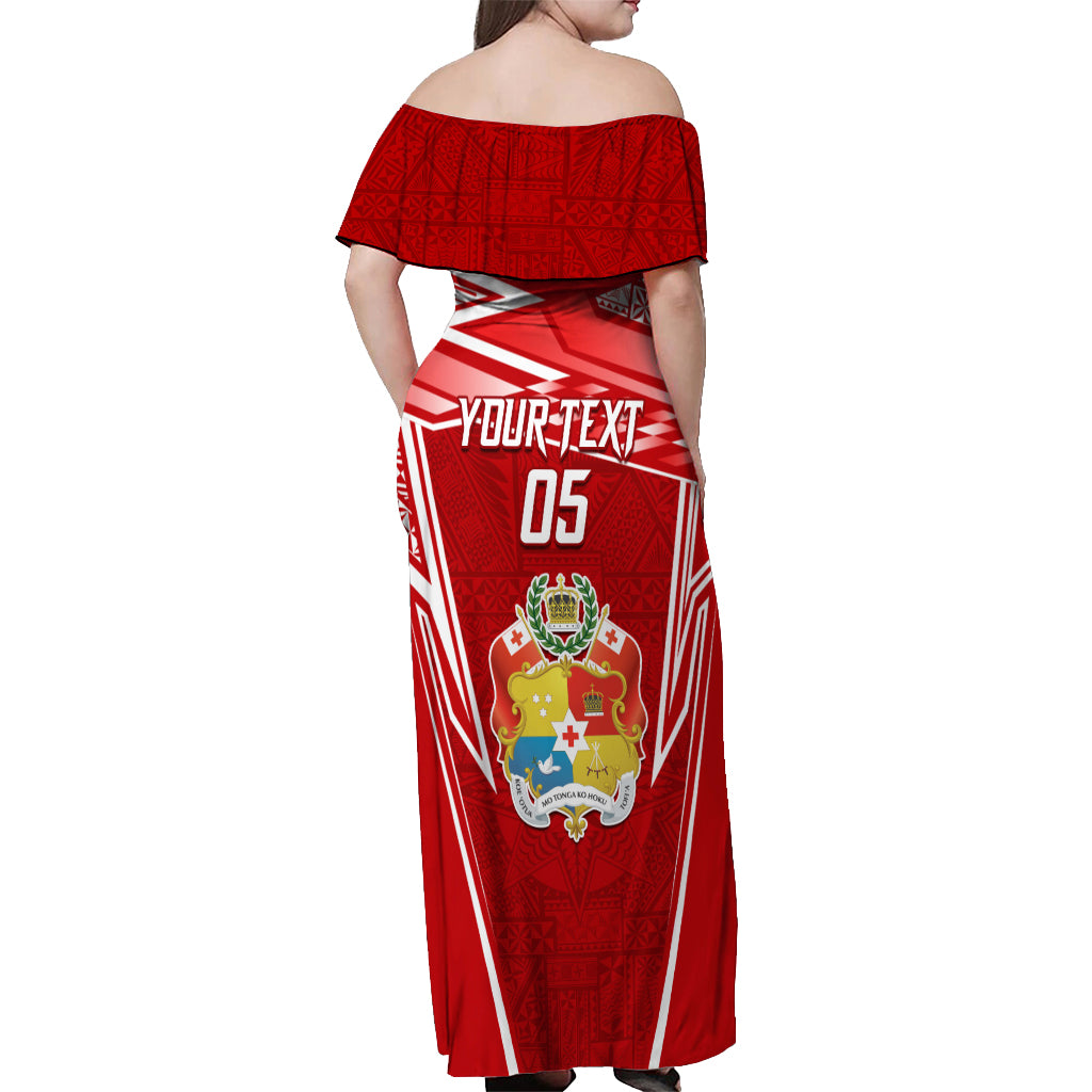 Custom Tonga Rugby Off Shoulder Maxi Dress Kupesi Ngatu Pattern LT05 - Polynesian Pride