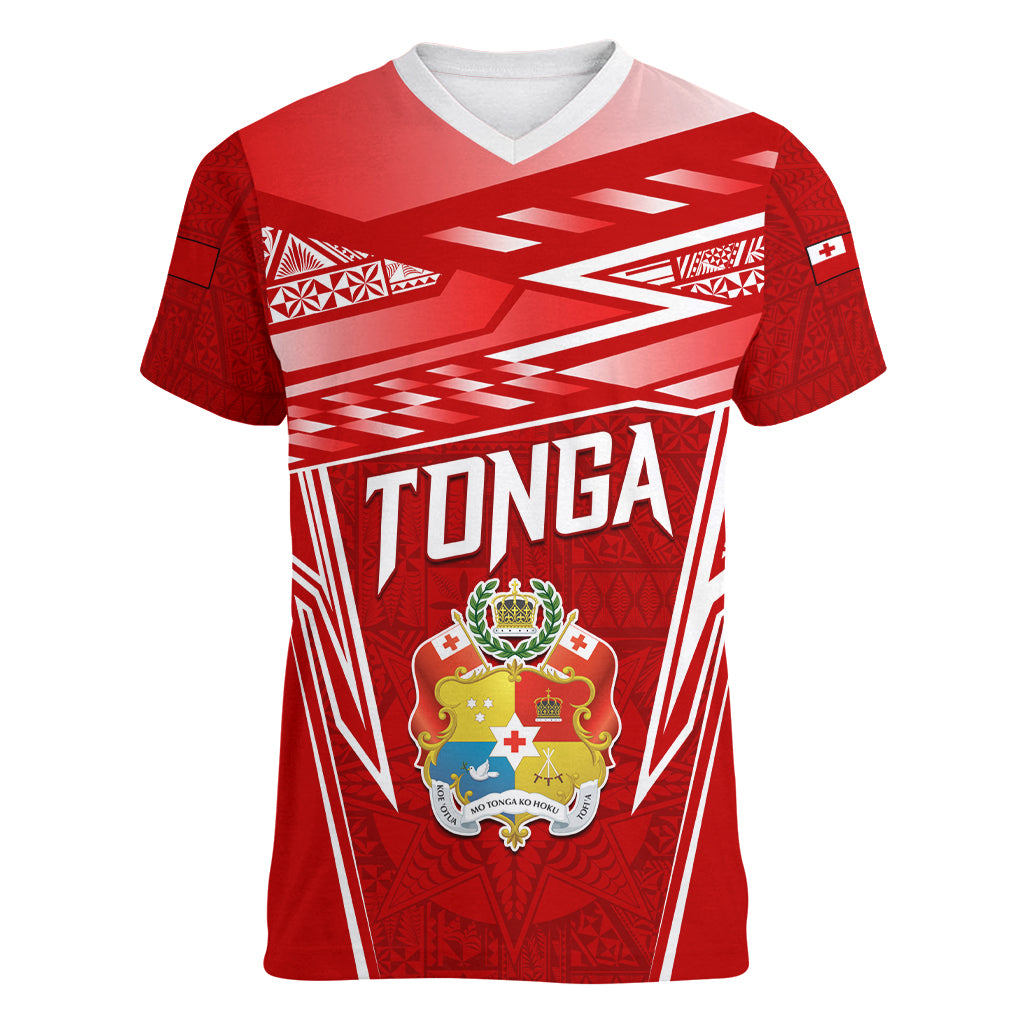 Custom Tonga Rugby Women V-Neck T-Shirt Kupesi Ngatu Pattern