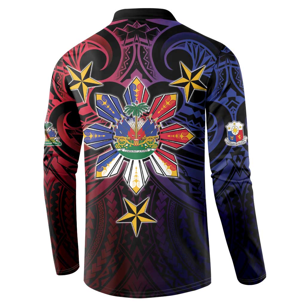 Haiti Philippines Button Sweatshirt Haitian Coat Of Arms With Filipino Sun LT05 - Polynesian Pride