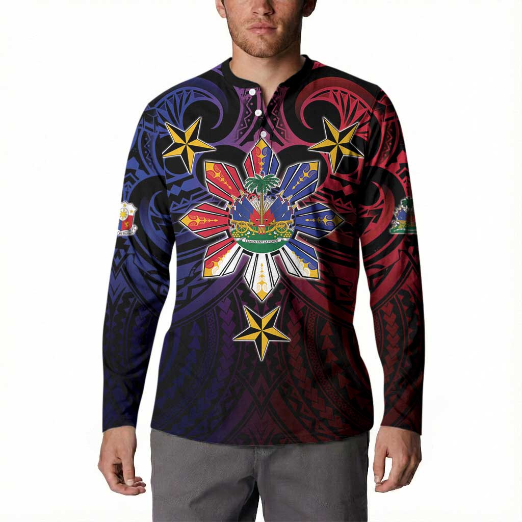 Haiti Philippines Button Sweatshirt Haitian Coat Of Arms With Filipino Sun LT05 - Polynesian Pride