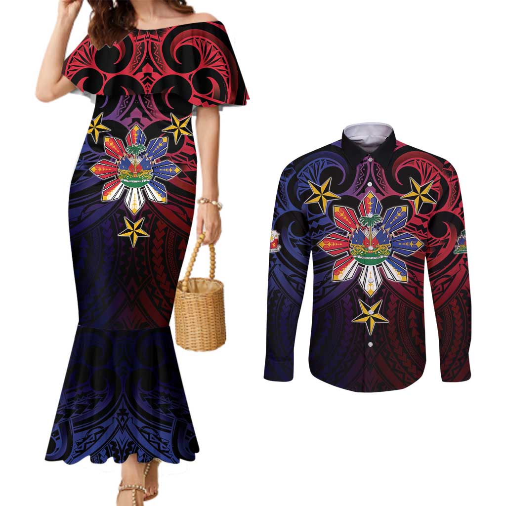 Haiti Philippines Couples Matching Mermaid Dress and Long Sleeve Button Shirt Haitian Coat Of Arms With Filipino Sun