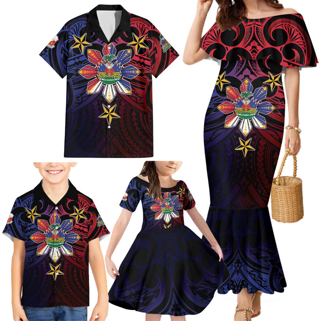 Haiti Philippines Family Matching Mermaid Dress and Hawaiian Shirt Haitian Coat Of Arms With Filipino Sun