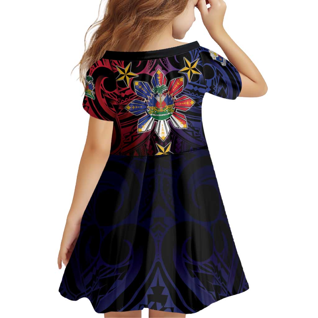 Haiti Philippines Family Matching Off Shoulder Maxi Dress and Hawaiian Shirt Haitian Coat Of Arms With Filipino Sun LT05 - Polynesian Pride