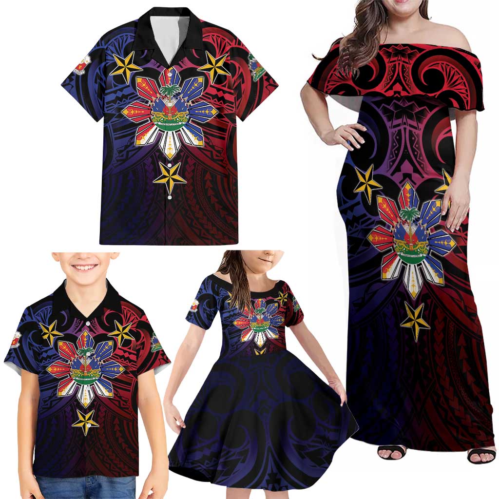 Haiti Philippines Family Matching Off Shoulder Maxi Dress and Hawaiian Shirt Haitian Coat Of Arms With Filipino Sun