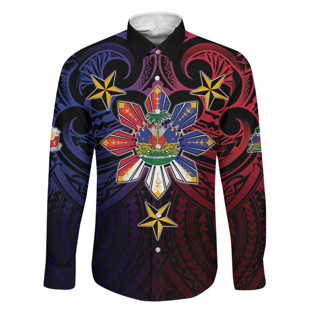 Haiti Philippines Family Matching Off Shoulder Maxi Dress and Hawaiian Shirt Haitian Coat Of Arms With Filipino Sun LT05 Dad's Shirt - Long Sleeve Black - Polynesian Pride