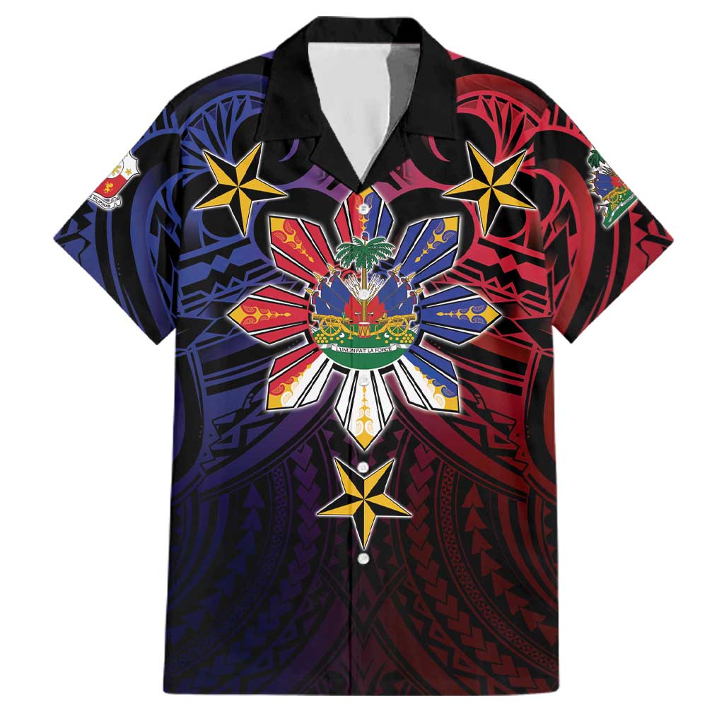 Haiti Philippines Family Matching Off Shoulder Short Dress and Hawaiian Shirt Haitian Coat Of Arms With Filipino Sun LT05 Dad's Shirt - Short Sleeve Black - Polynesian Pride