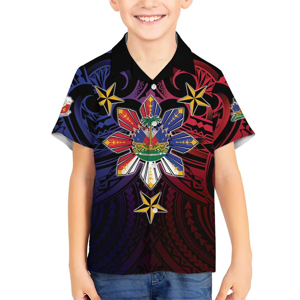 Haiti Philippines Family Matching Short Sleeve Bodycon Dress and Hawaiian Shirt Haitian Coat Of Arms With Filipino Sun LT05 Son's Shirt Black - Polynesian Pride