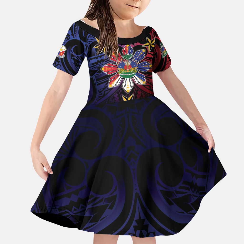 Haiti Philippines Family Matching Tank Maxi Dress and Hawaiian Shirt Haitian Coat Of Arms With Filipino Sun LT05 Daughter's Dress Black - Polynesian Pride