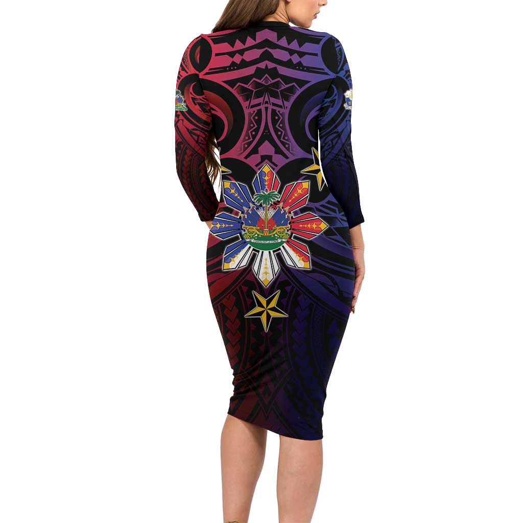 Haiti Philippines Long Sleeve Bodycon Dress Haitian Coat Of Arms With Filipino Sun LT05 - Polynesian Pride