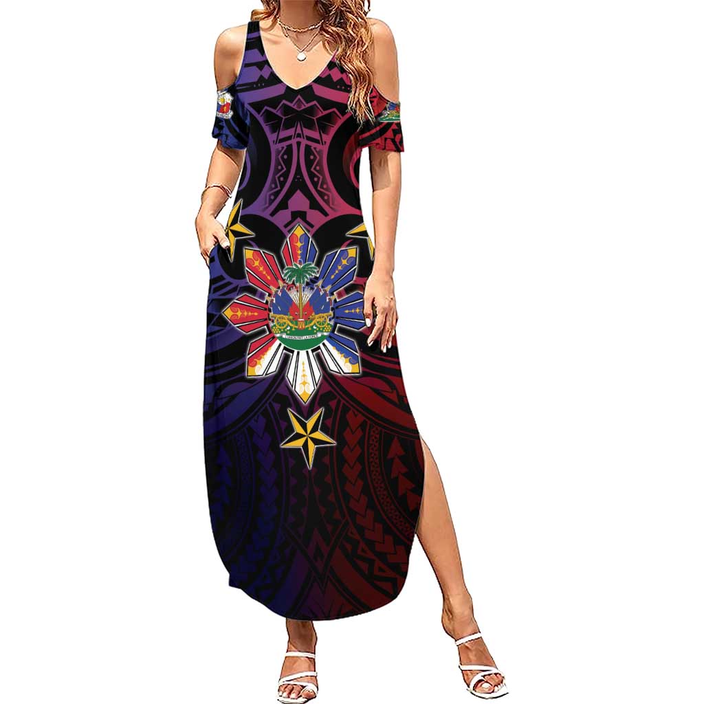 Haiti Philippines Summer Maxi Dress Haitian Coat Of Arms With Filipino Sun