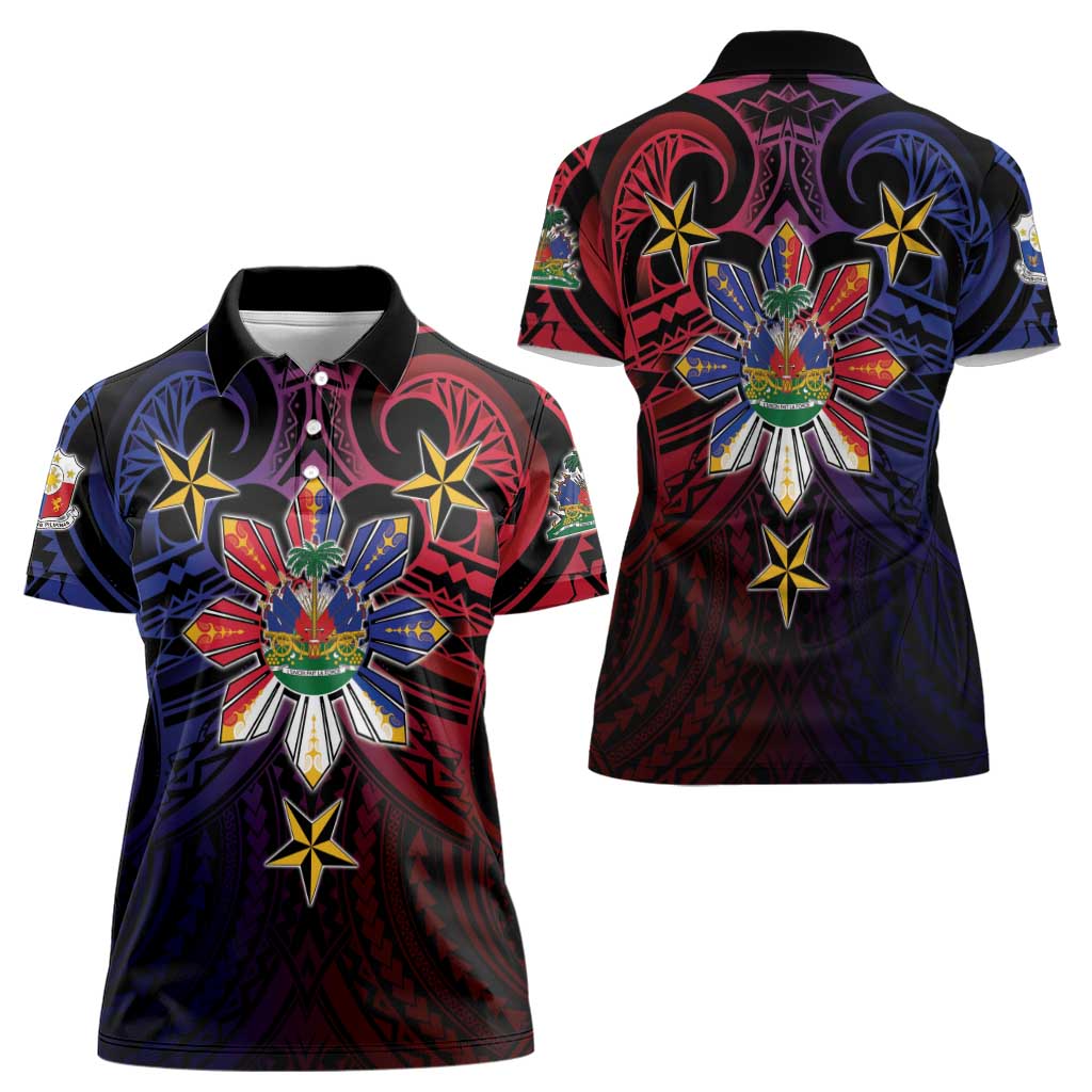 Haiti Philippines Women Polo Shirt Haitian Coat Of Arms With Filipino Sun