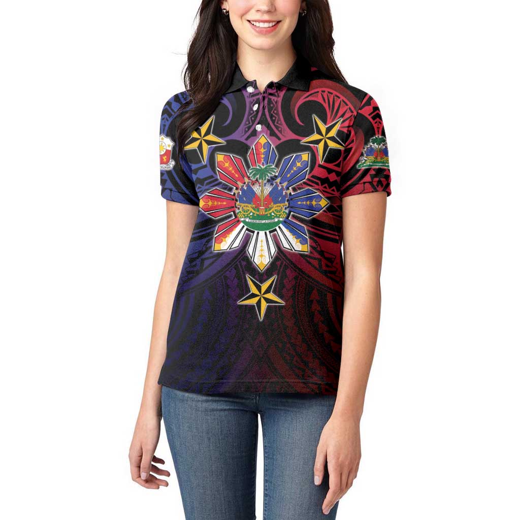 Haiti Philippines Women Polo Shirt Haitian Coat Of Arms With Filipino Sun