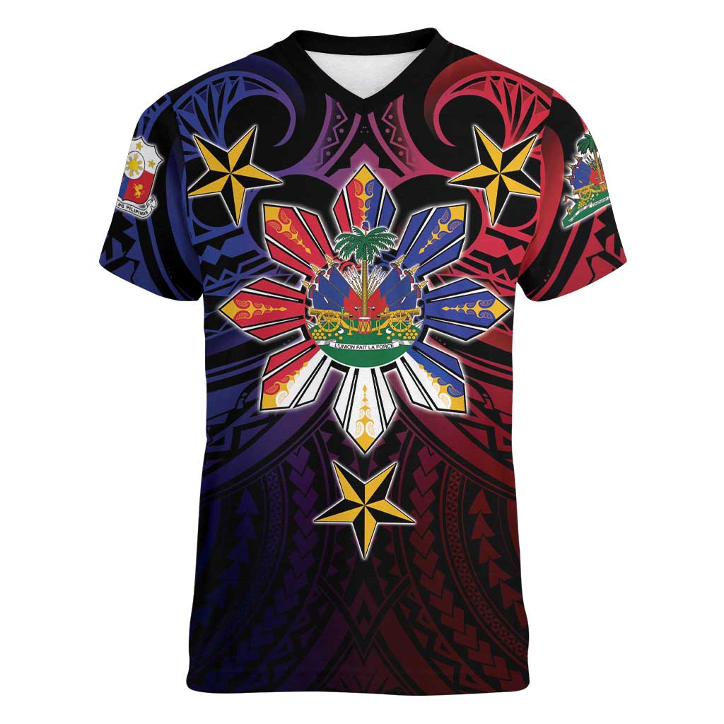 Haiti Philippines Women V-Neck T-Shirt Haitian Coat Of Arms With Filipino Sun