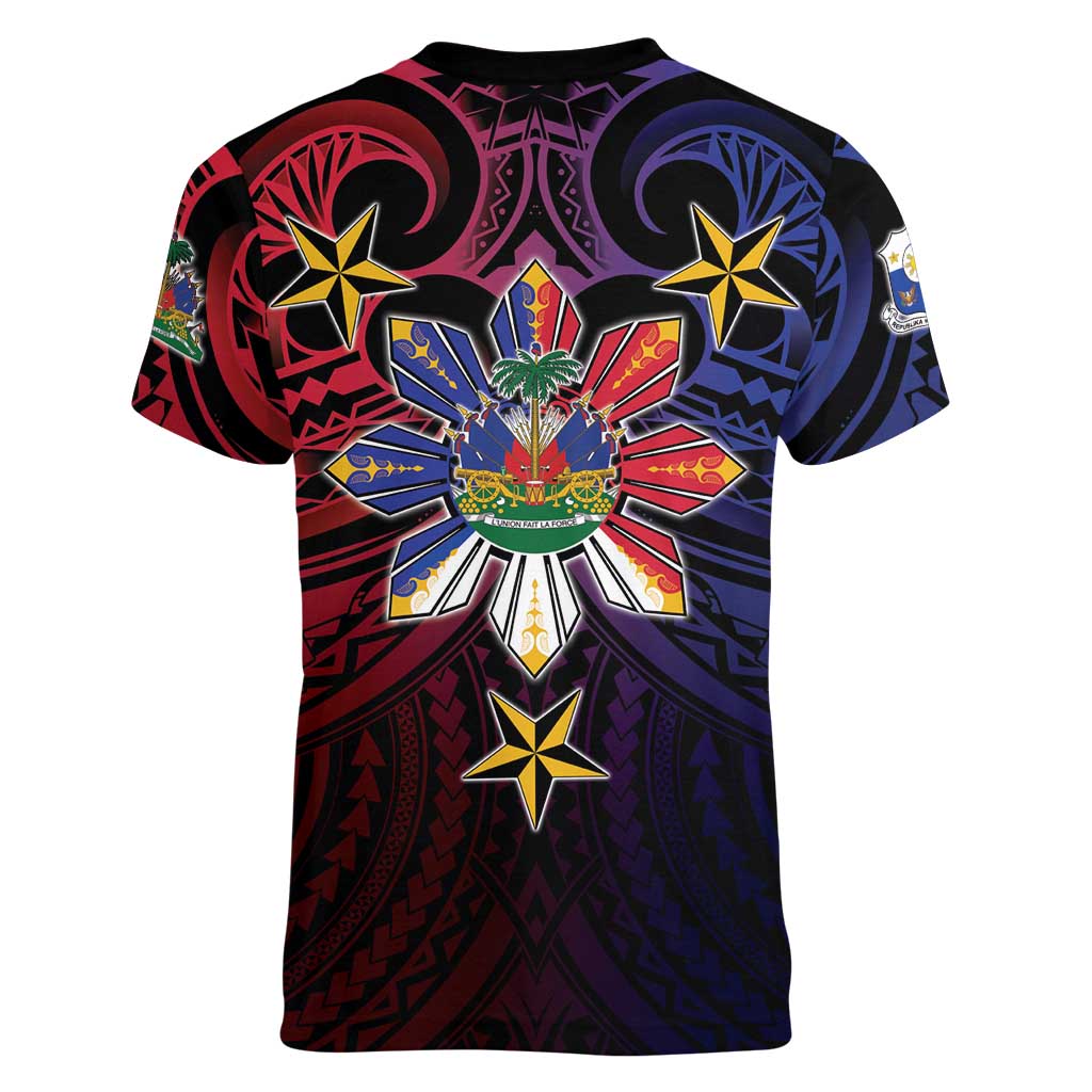 Haiti Philippines Women V-Neck T-Shirt Haitian Coat Of Arms With Filipino Sun