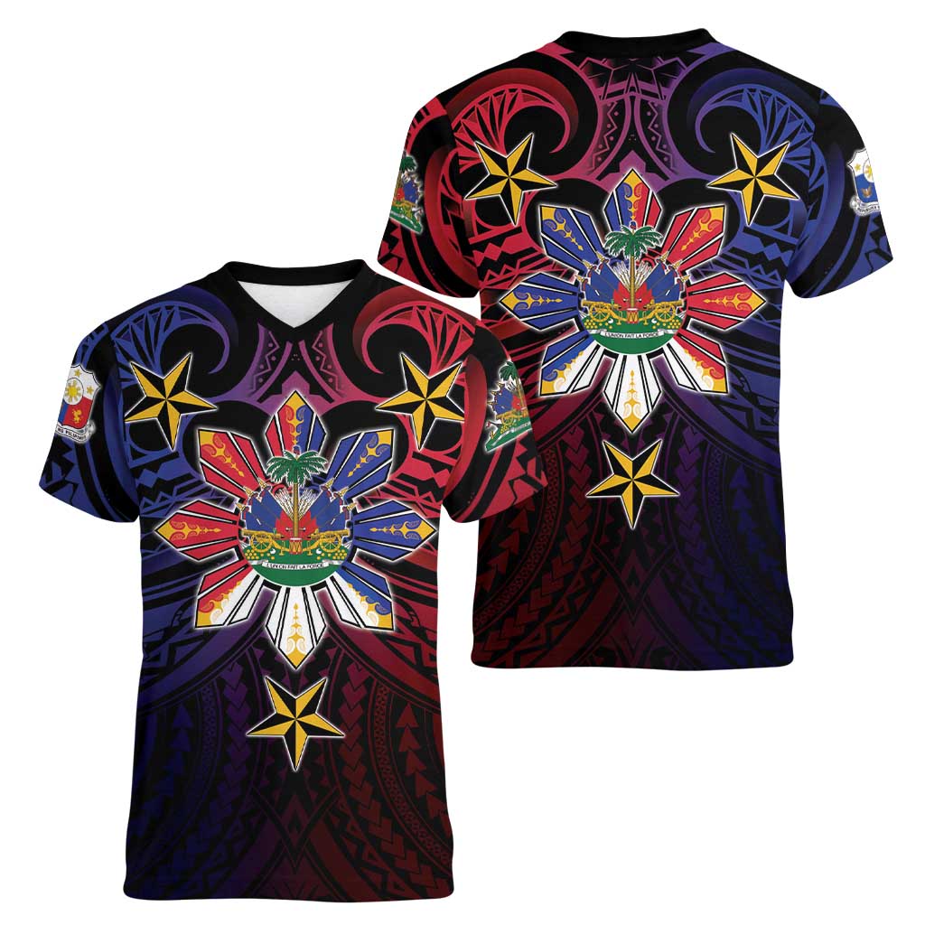 Haiti Philippines Women V-Neck T-Shirt Haitian Coat Of Arms With Filipino Sun