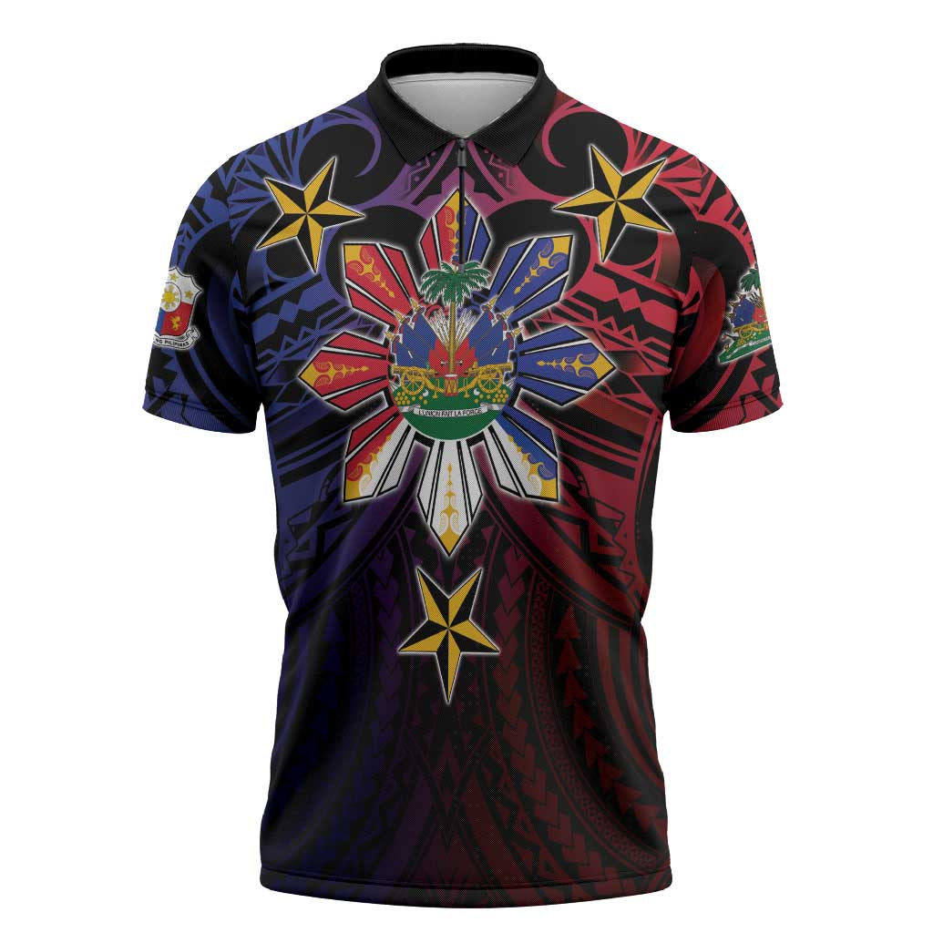 Haiti Philippines Zipper Polo Shirt Haitian Coat Of Arms With Filipino Sun