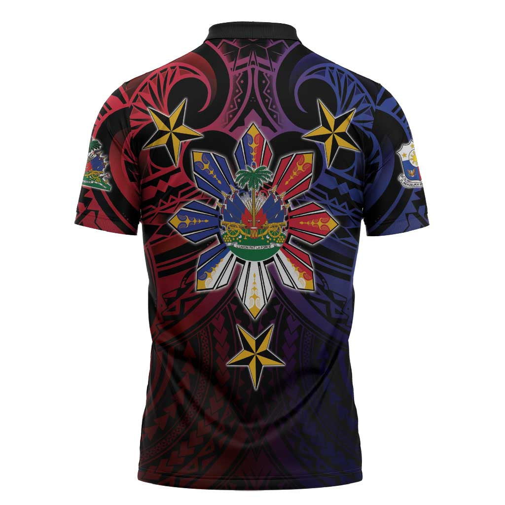 Haiti Philippines Zipper Polo Shirt Haitian Coat Of Arms With Filipino Sun