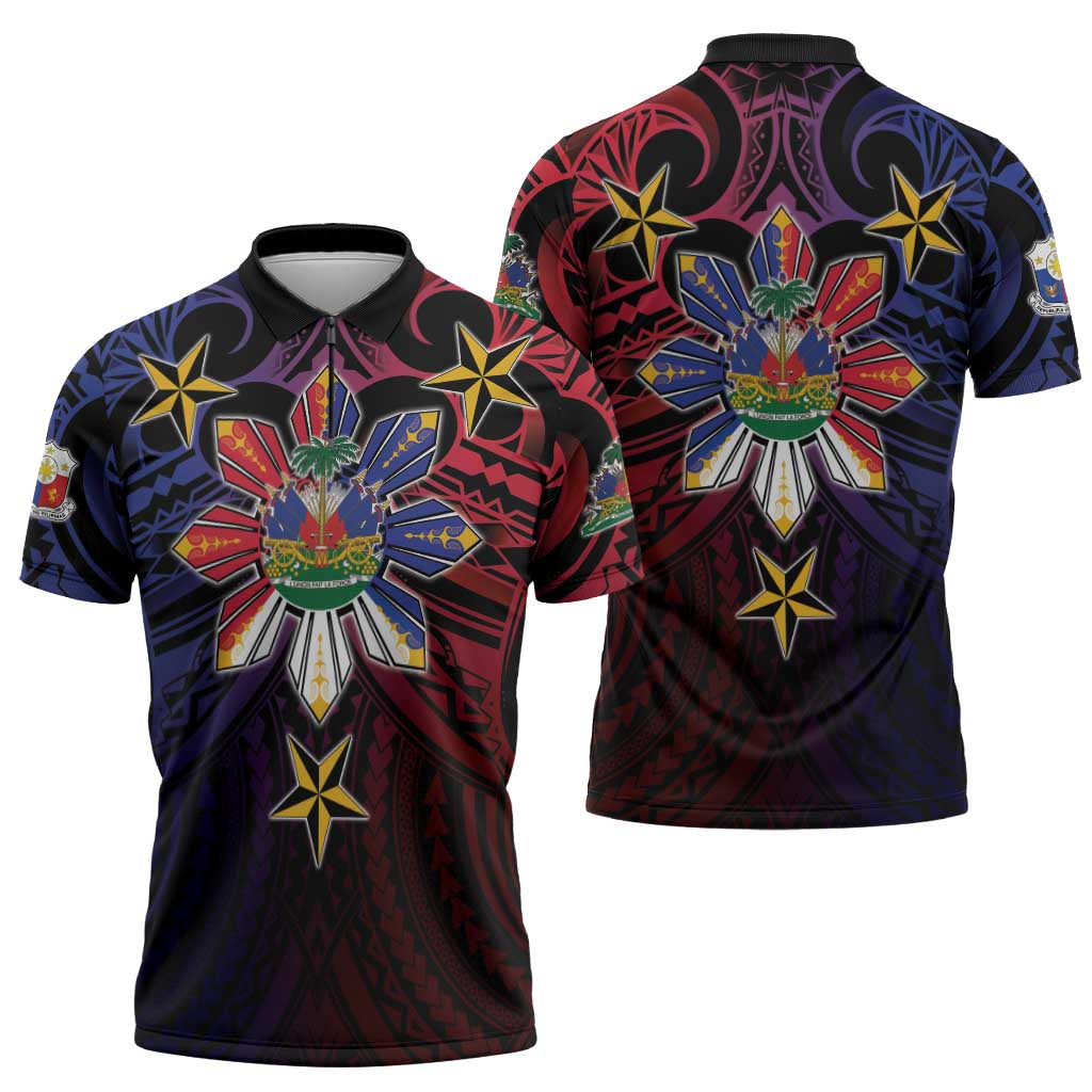 Haiti Philippines Zipper Polo Shirt Haitian Coat Of Arms With Filipino Sun