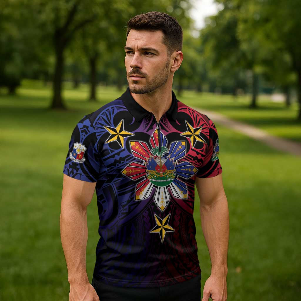 Haiti Philippines Zipper Polo Shirt Haitian Coat Of Arms With Filipino Sun