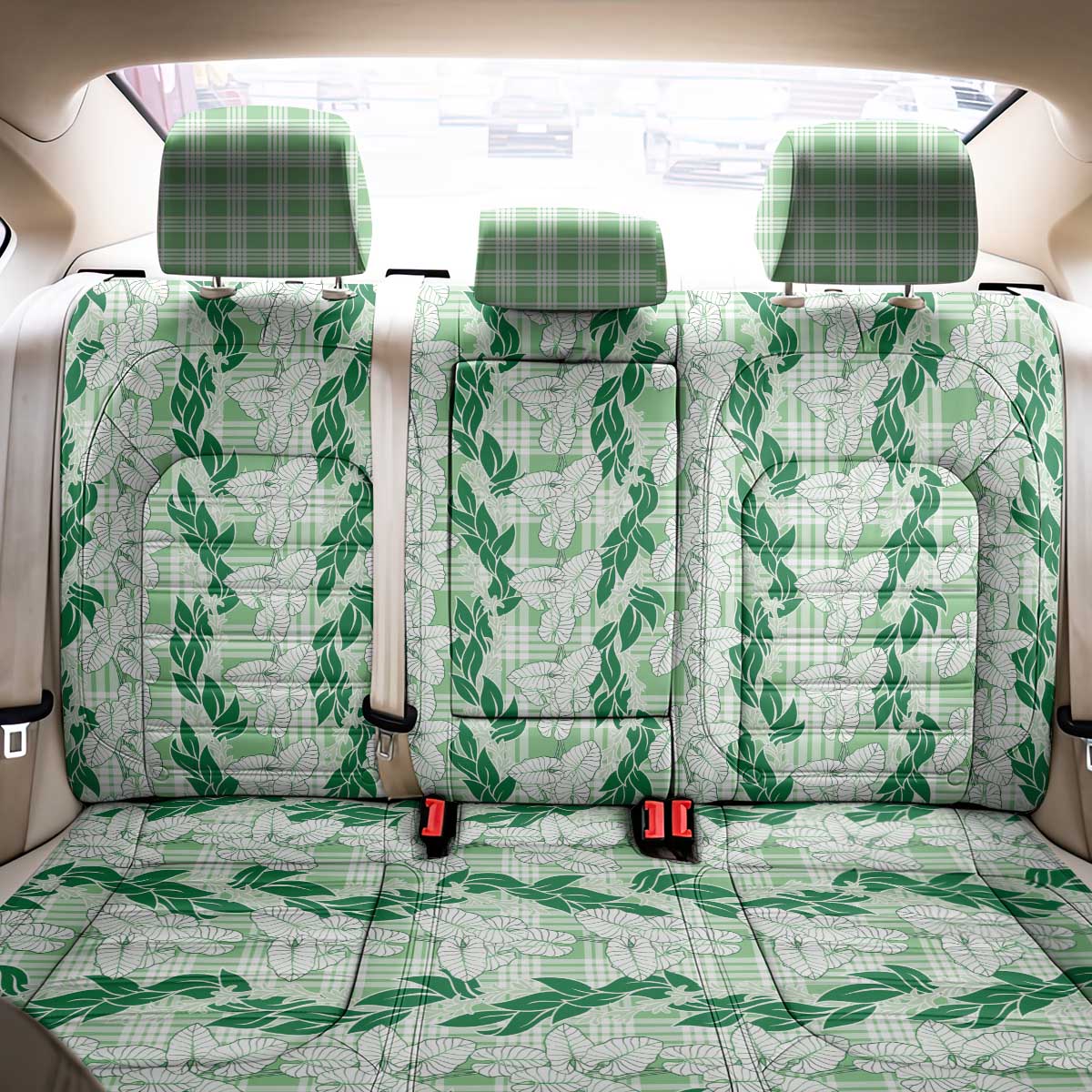 Hawaii Ti Leaf Maile Tuberose Lei Back Car Seat Cover With Hanalei Leaf Green LT05 - Polynesian Pride