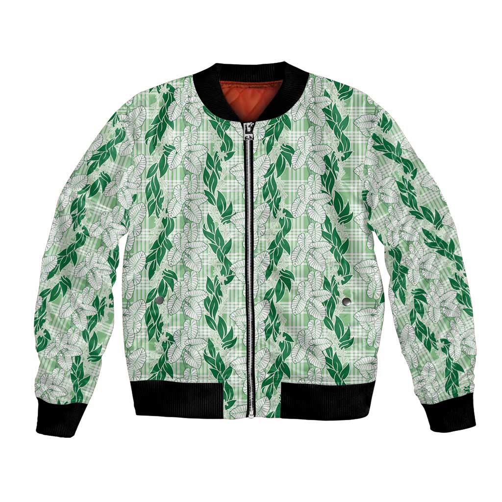 Hawaii Ti Leaf Maile Tuberose Lei Bomber Jacket With Hanalei Leaf Green LT05 Unisex Green - Polynesian Pride