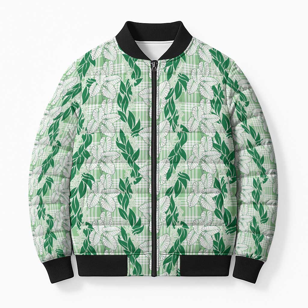 Hawaii Ti Leaf Maile Tuberose Lei Bomber Puffer Jacket With Hanalei Leaf Green LT05 Unisex Green - Polynesian Pride