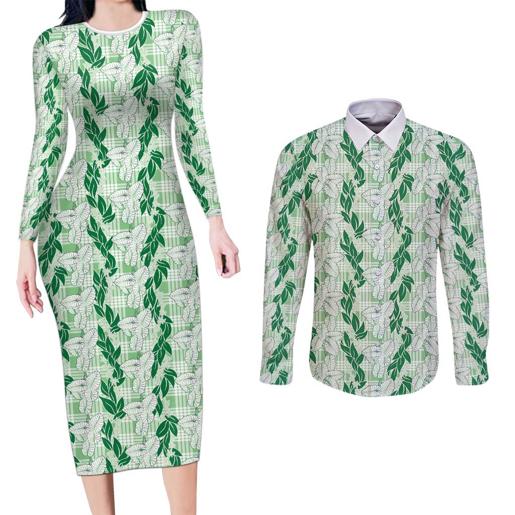 Hawaii Ti Leaf Maile Tuberose Lei Couples Matching Long Sleeve Bodycon Dress and Long Sleeve Button Shirt With Hanalei Leaf Green LT05 Green - Polynesian Pride