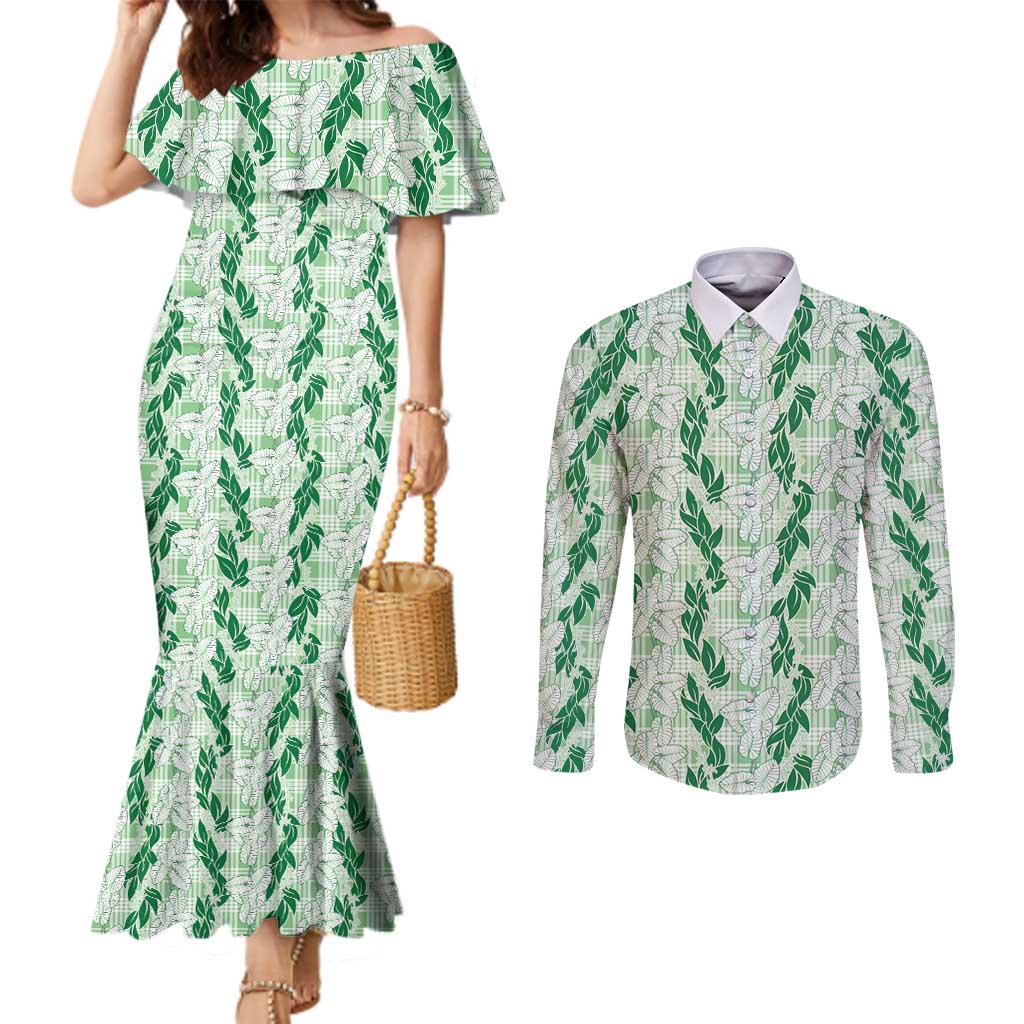 Hawaii Ti Leaf Maile Tuberose Lei Couples Matching Mermaid Dress and Long Sleeve Button Shirt With Hanalei Leaf Green LT05 Green - Polynesian Pride