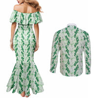 Hawaii Ti Leaf Maile Tuberose Lei Couples Matching Mermaid Dress and Long Sleeve Button Shirt With Hanalei Leaf Green LT05 - Polynesian Pride