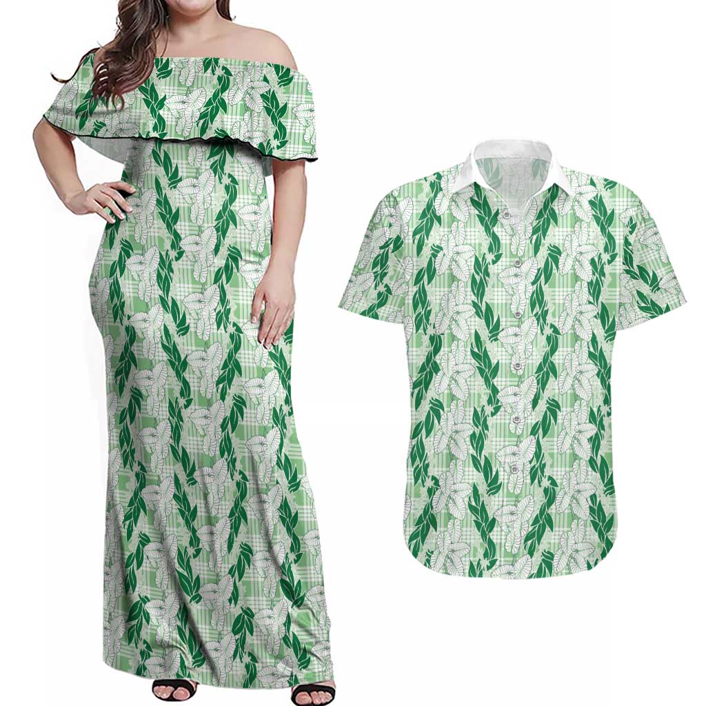 Hawaii Ti Leaf Maile Tuberose Lei Couples Matching Off Shoulder Maxi Dress and Hawaiian Shirt With Hanalei Leaf Green LT05 Green - Polynesian Pride