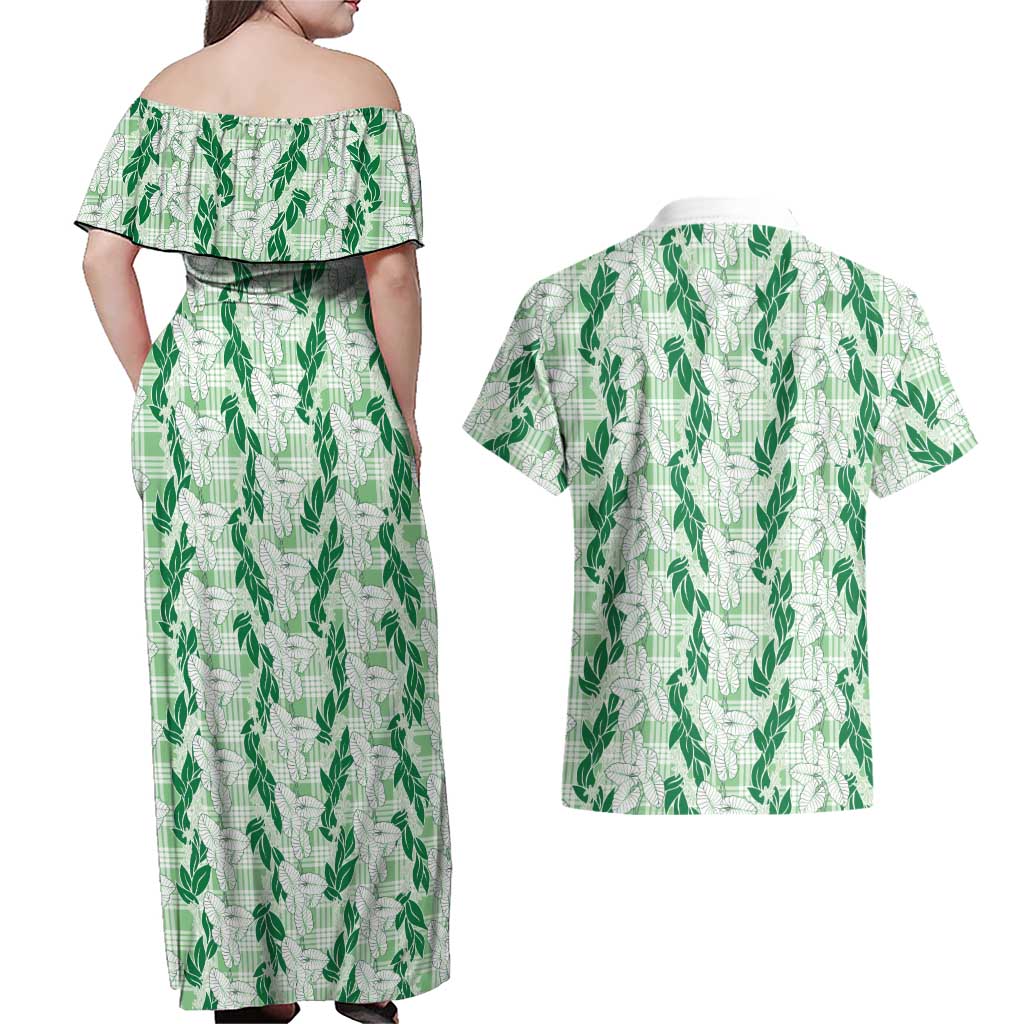 Hawaii Ti Leaf Maile Tuberose Lei Couples Matching Off Shoulder Maxi Dress and Hawaiian Shirt With Hanalei Leaf Green LT05 - Polynesian Pride