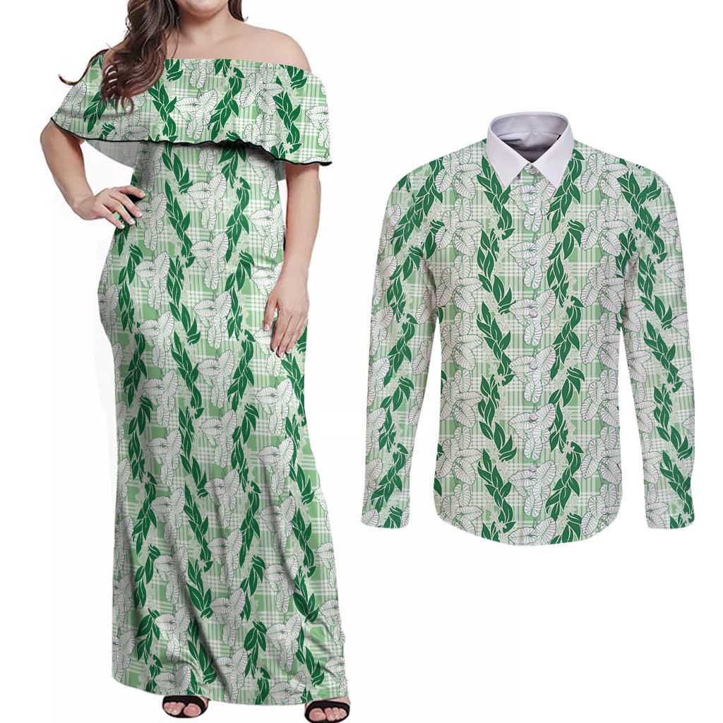 Hawaii Ti Leaf Maile Tuberose Lei Couples Matching Off Shoulder Maxi Dress and Long Sleeve Button Shirt With Hanalei Leaf Green LT05 Green - Polynesian Pride